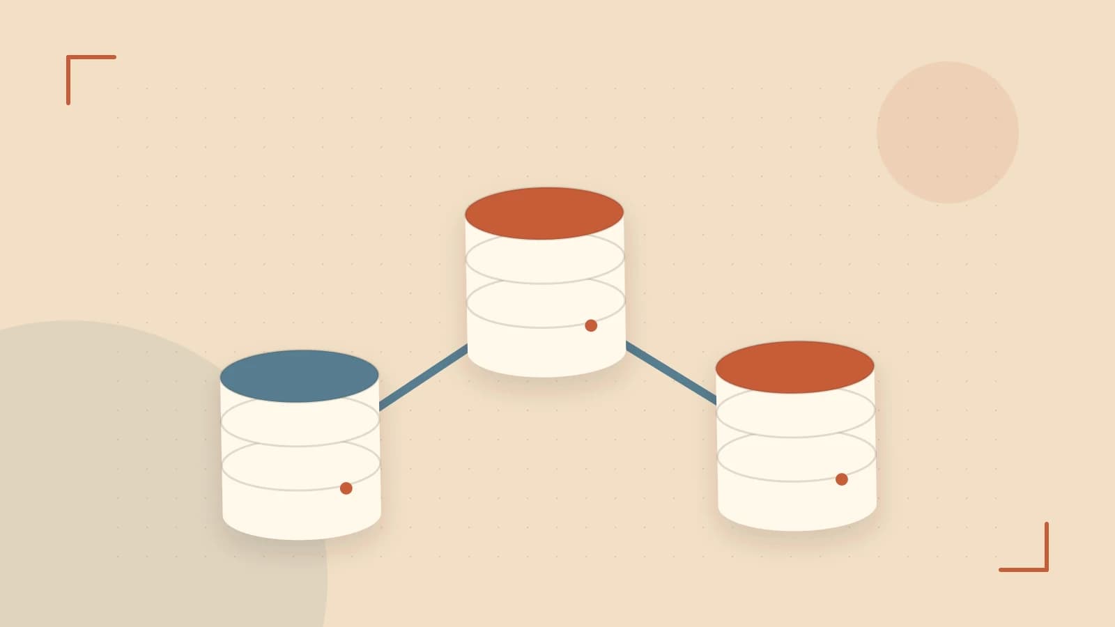 Editorial illustration of structured records, database cylinders and relationships between tables