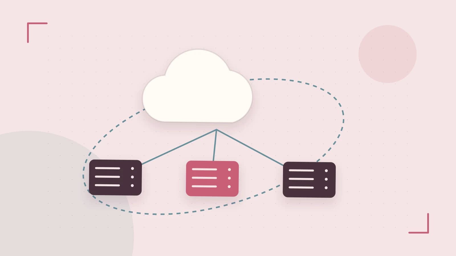 Editorial illustration of cloud infrastructure, connected server racks and an orbital service map