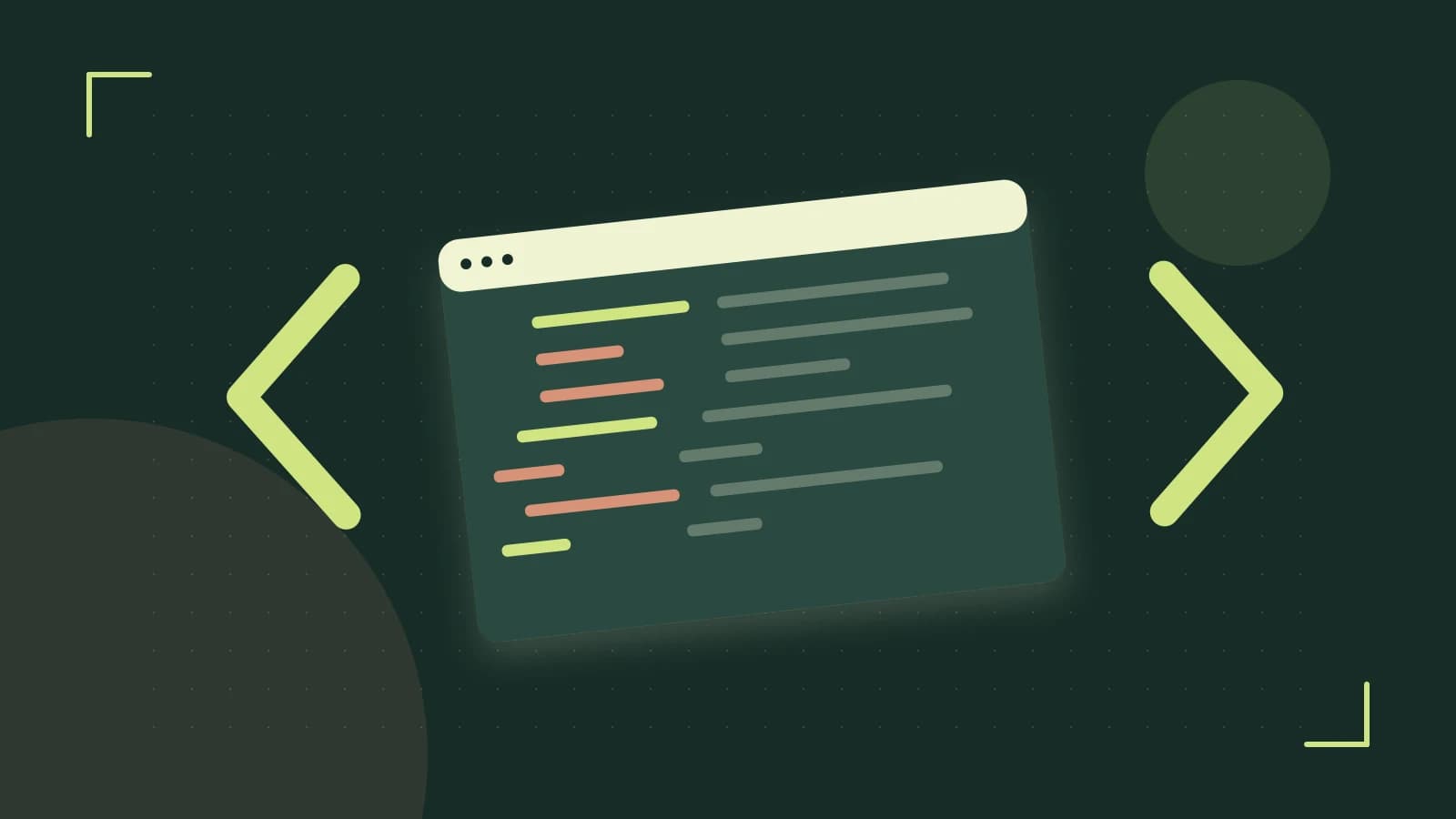 Editorial illustration of an abstract code editor, syntax blocks and oversized programming brackets