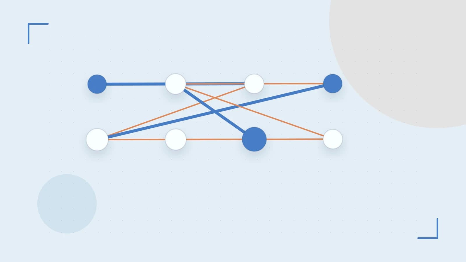 Editorial illustration of an algorithmic node graph with branching paths and a highlighted result