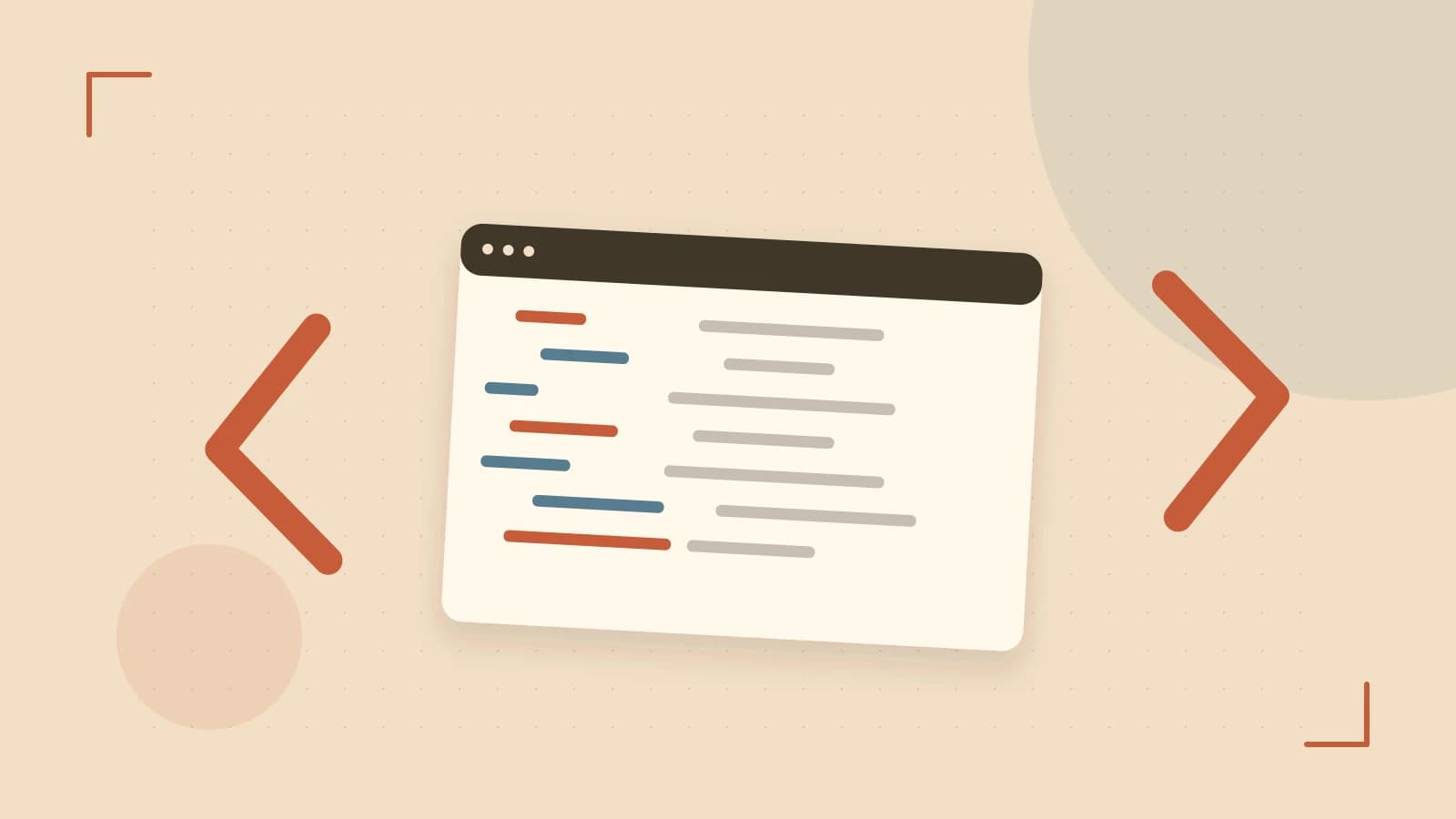 Editorial illustration of an abstract code editor, syntax blocks and oversized programming brackets