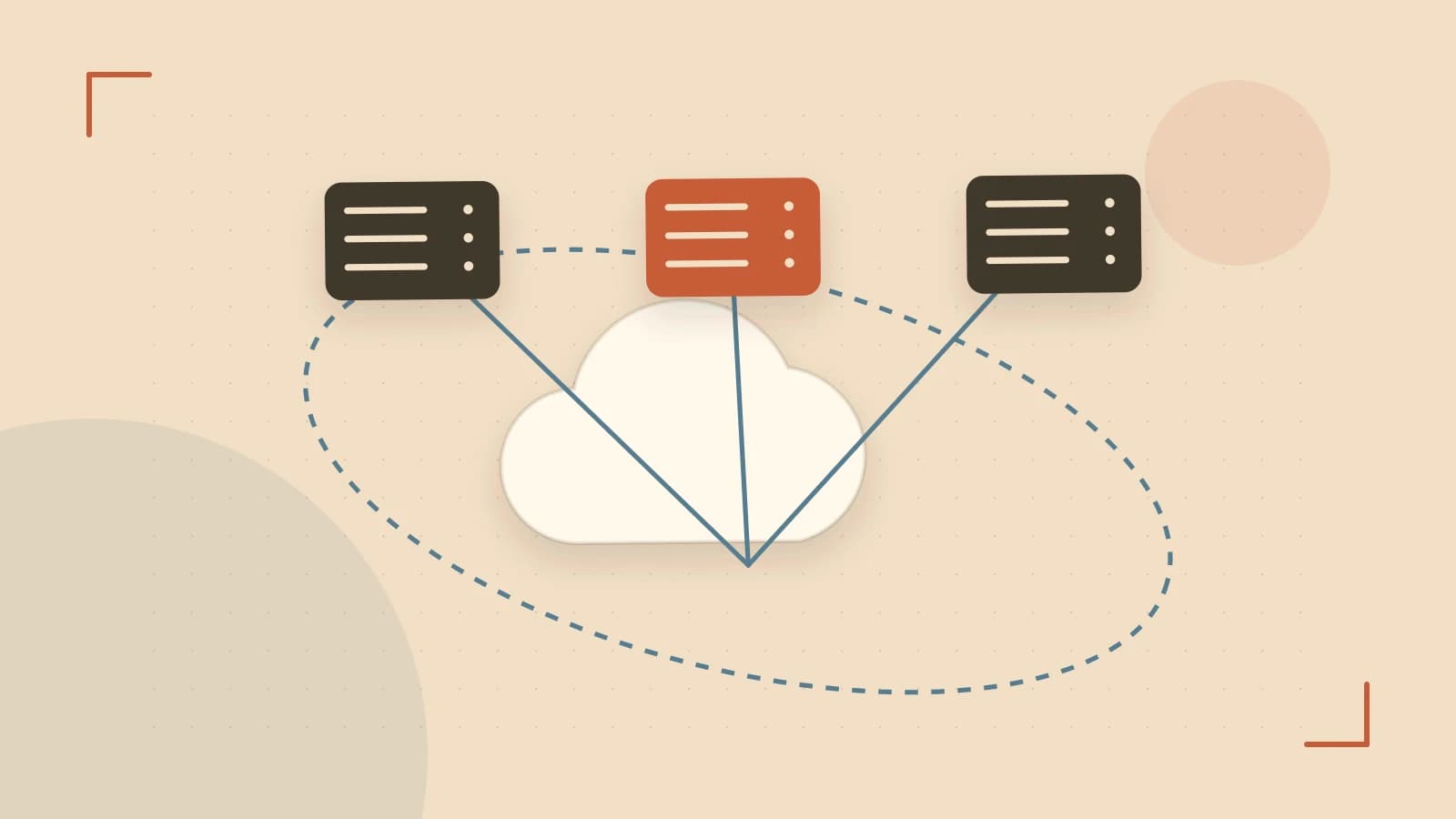 Editorial illustration of cloud infrastructure, connected server racks and an orbital service map