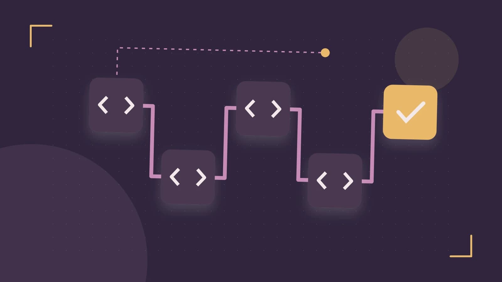 Editorial illustration of a branching build pipeline, staged transformations and a completed check