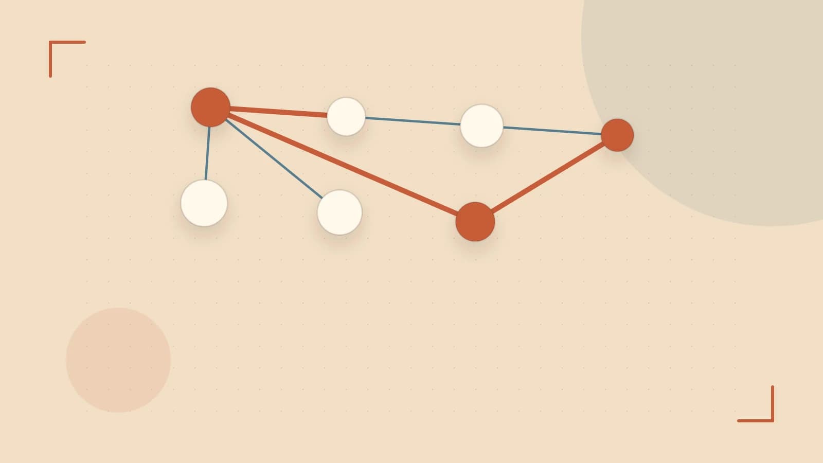 Editorial illustration of an algorithmic node graph with branching paths and a highlighted result