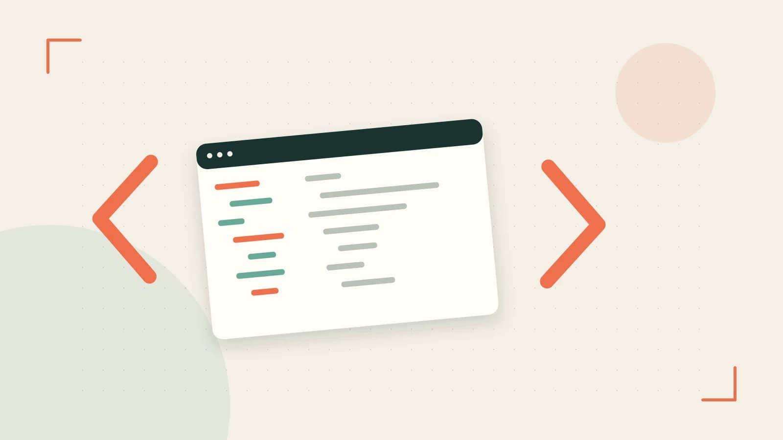 Editorial illustration of an abstract code editor, syntax blocks and oversized programming brackets
