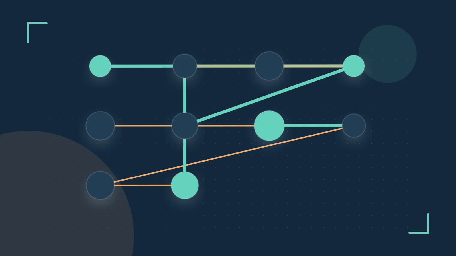 Editorial illustration of an algorithmic node graph with branching paths and a highlighted result