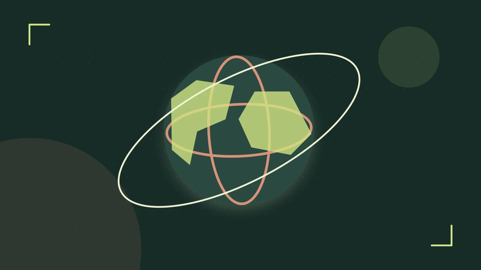 Editorial illustration of an editorial globe with meridians and layered geographic shapes