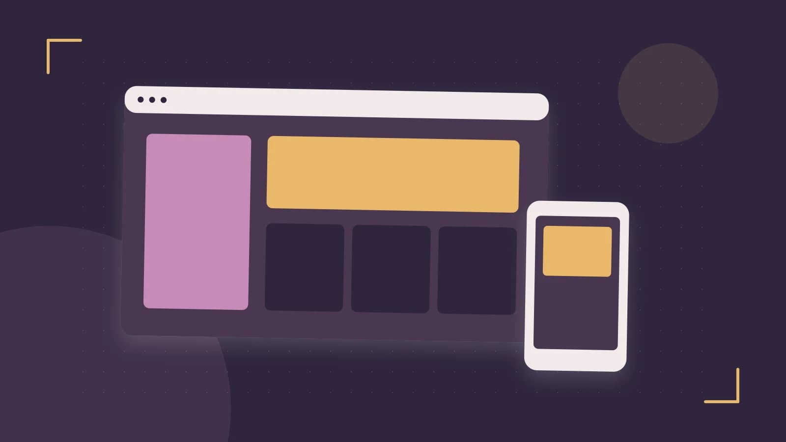 Editorial illustration of responsive browser layouts, overlapping design components and a color system