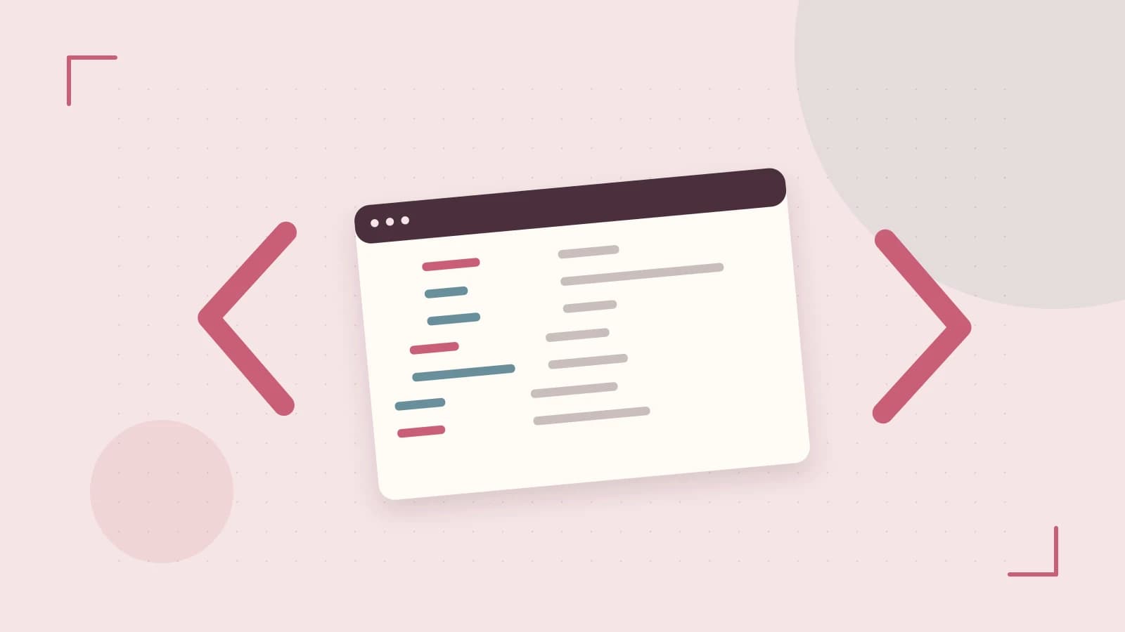 Editorial illustration of an abstract code editor, syntax blocks and oversized programming brackets