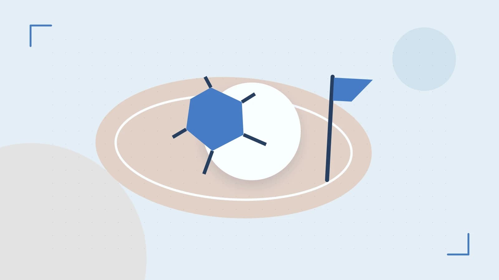 Editorial illustration of a stylized sports ball, stadium geometry and dynamic arcs