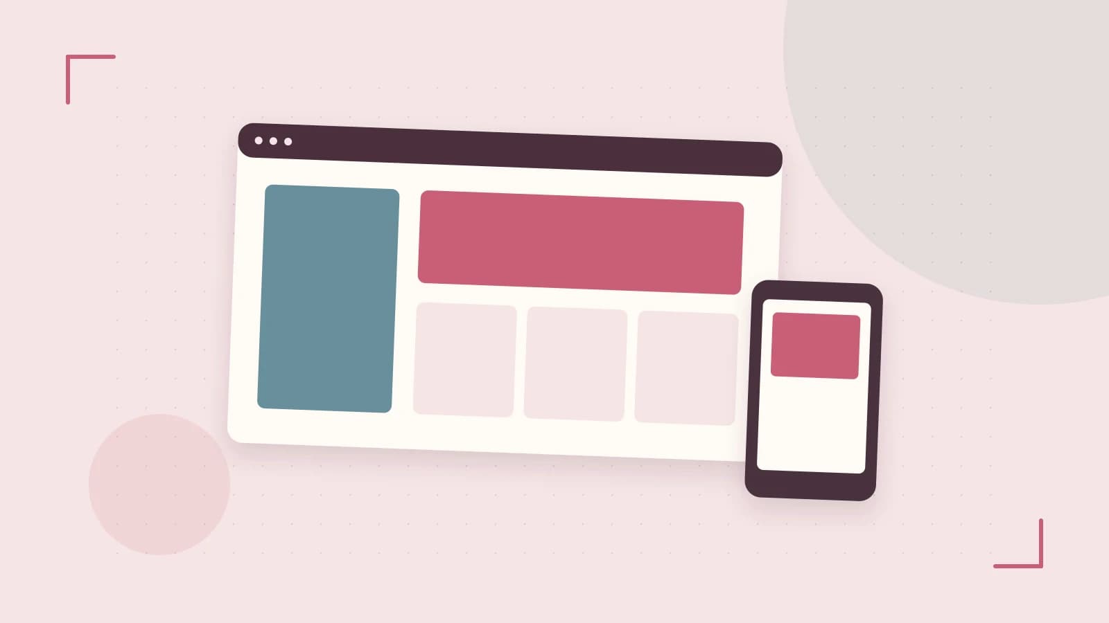 Editorial illustration of responsive browser layouts, overlapping design components and a color system