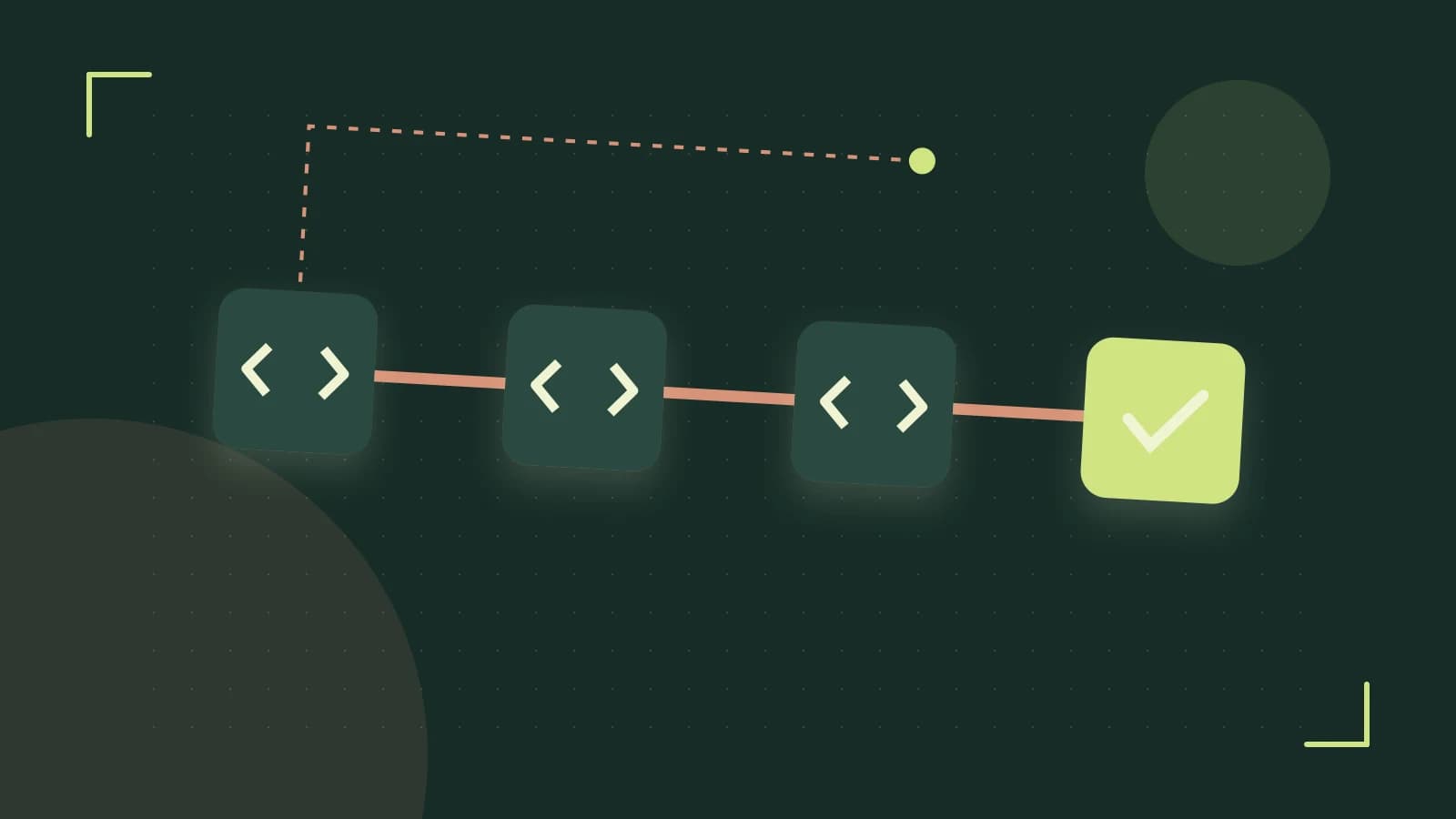 Editorial illustration of a branching build pipeline, staged transformations and a completed check