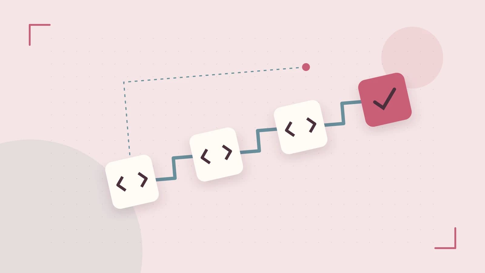 Editorial illustration of a branching build pipeline, staged transformations and a completed check