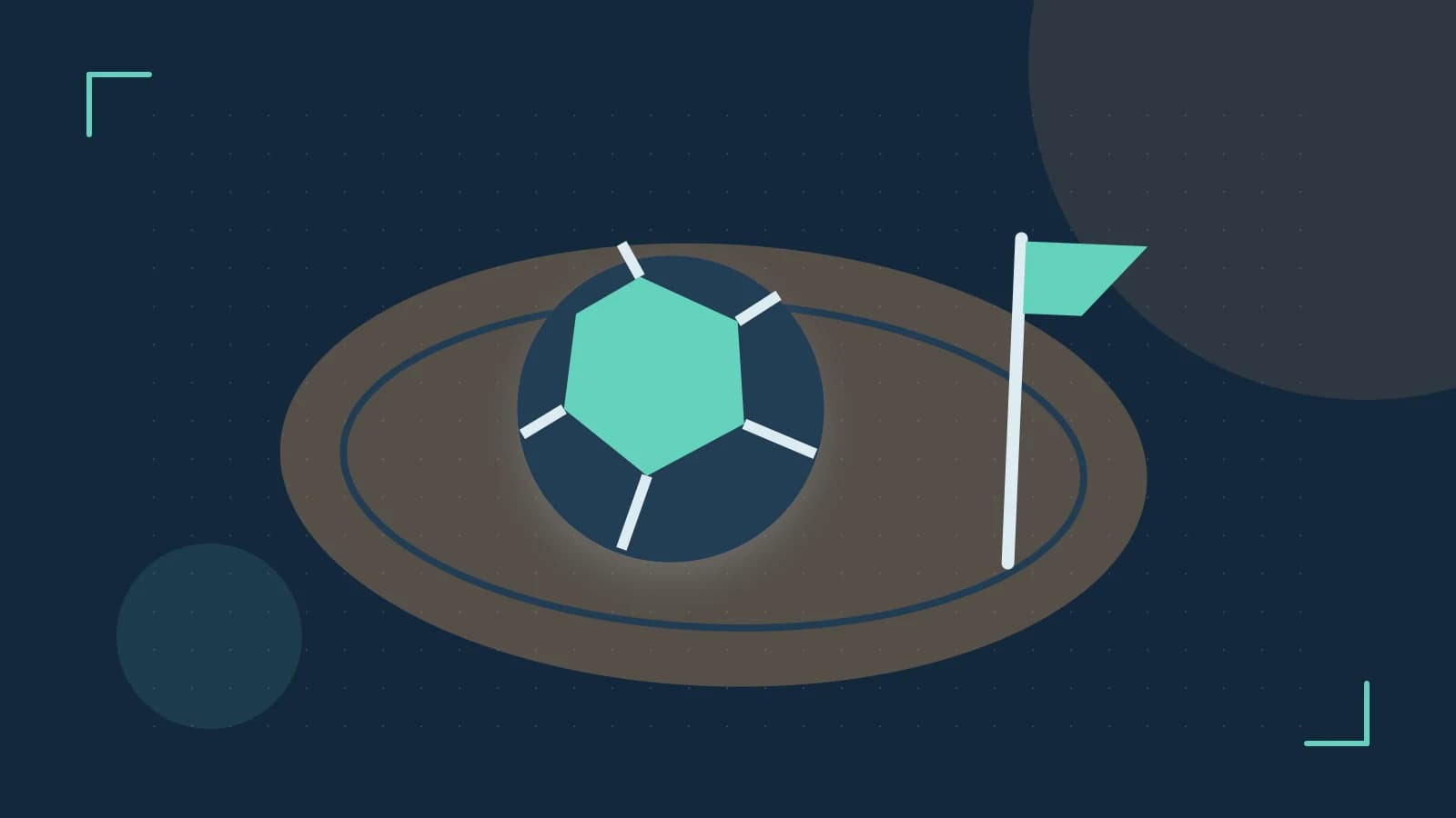 Editorial illustration of a stylized sports ball, stadium geometry and dynamic arcs