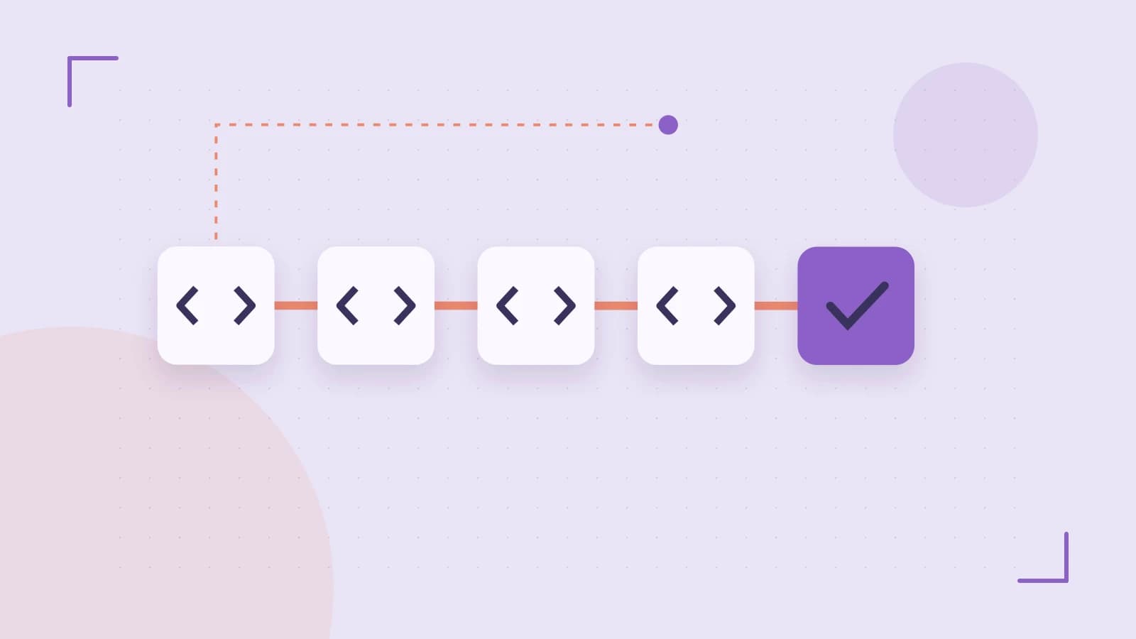 Editorial illustration of a branching build pipeline, staged transformations and a completed check
