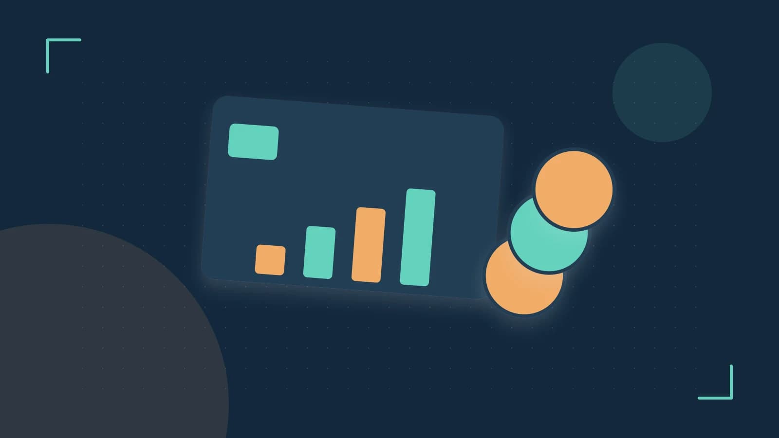 Editorial illustration of abstract coins, a payment card and a geometric financial chart without data labels