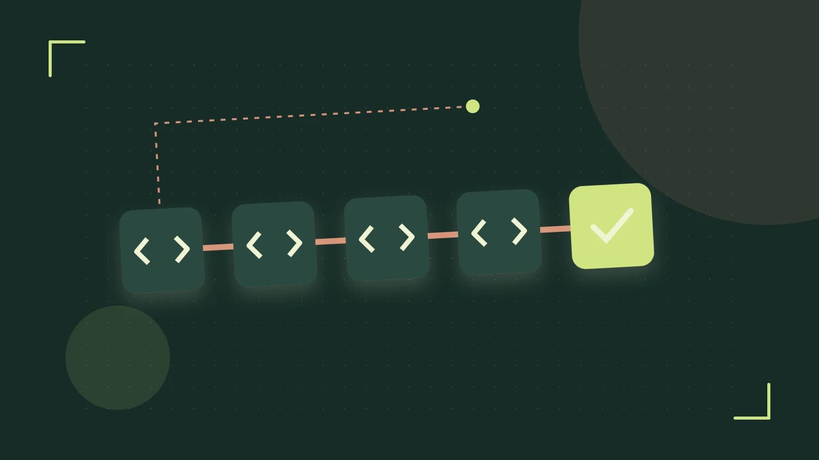 Editorial illustration of a branching build pipeline, staged transformations and a completed check