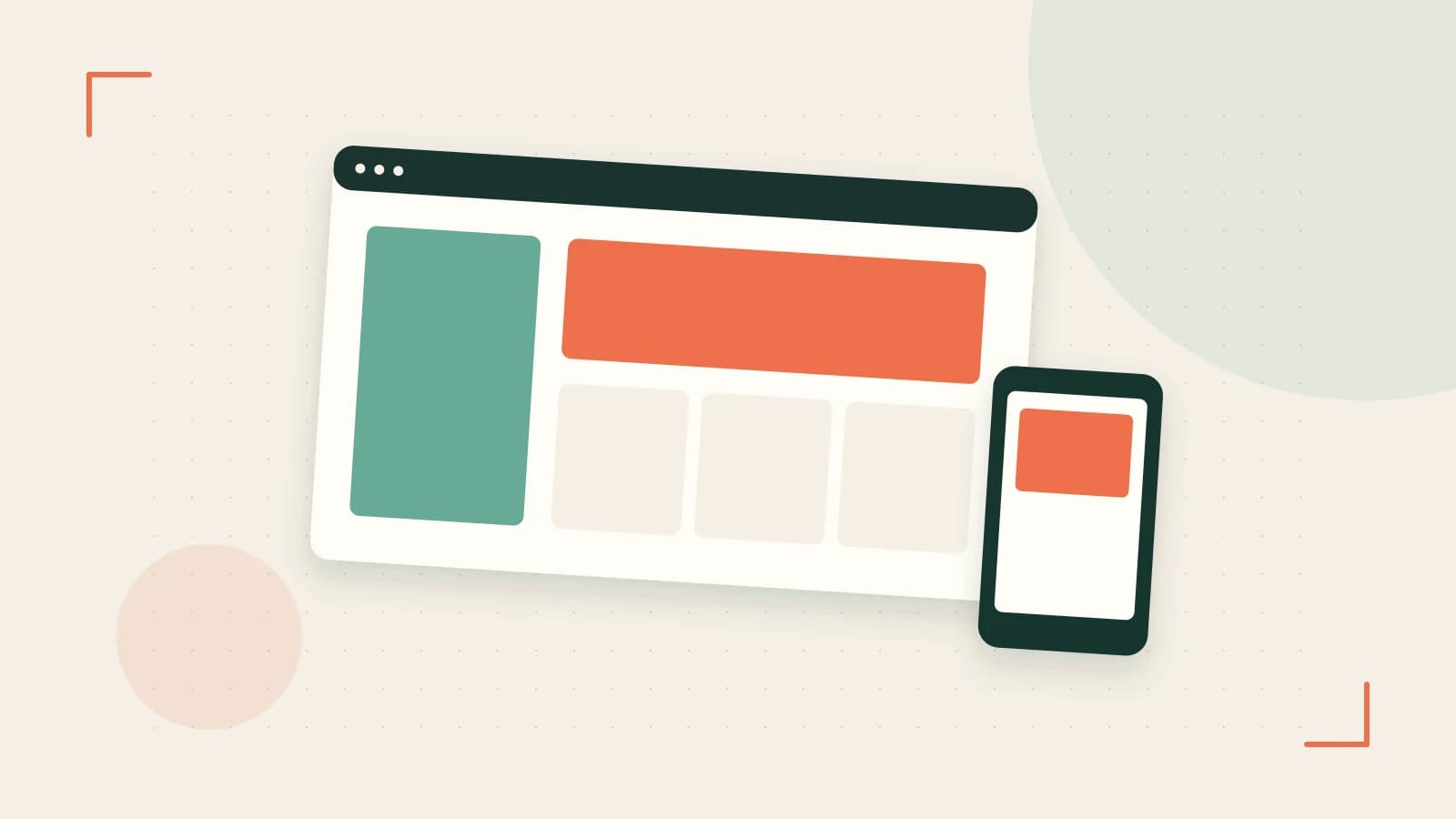 Editorial illustration of responsive browser layouts, overlapping design components and a color system