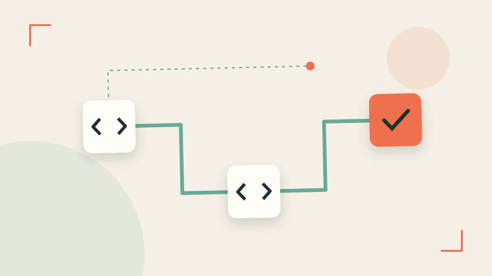 Editorial illustration of a branching build pipeline, staged transformations and a completed check