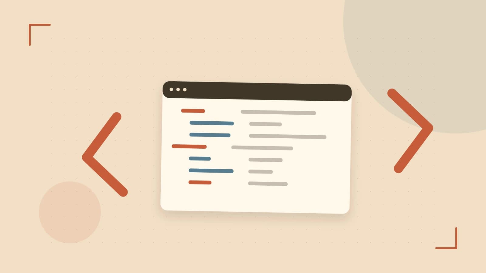 Editorial illustration of an abstract code editor, syntax blocks and oversized programming brackets