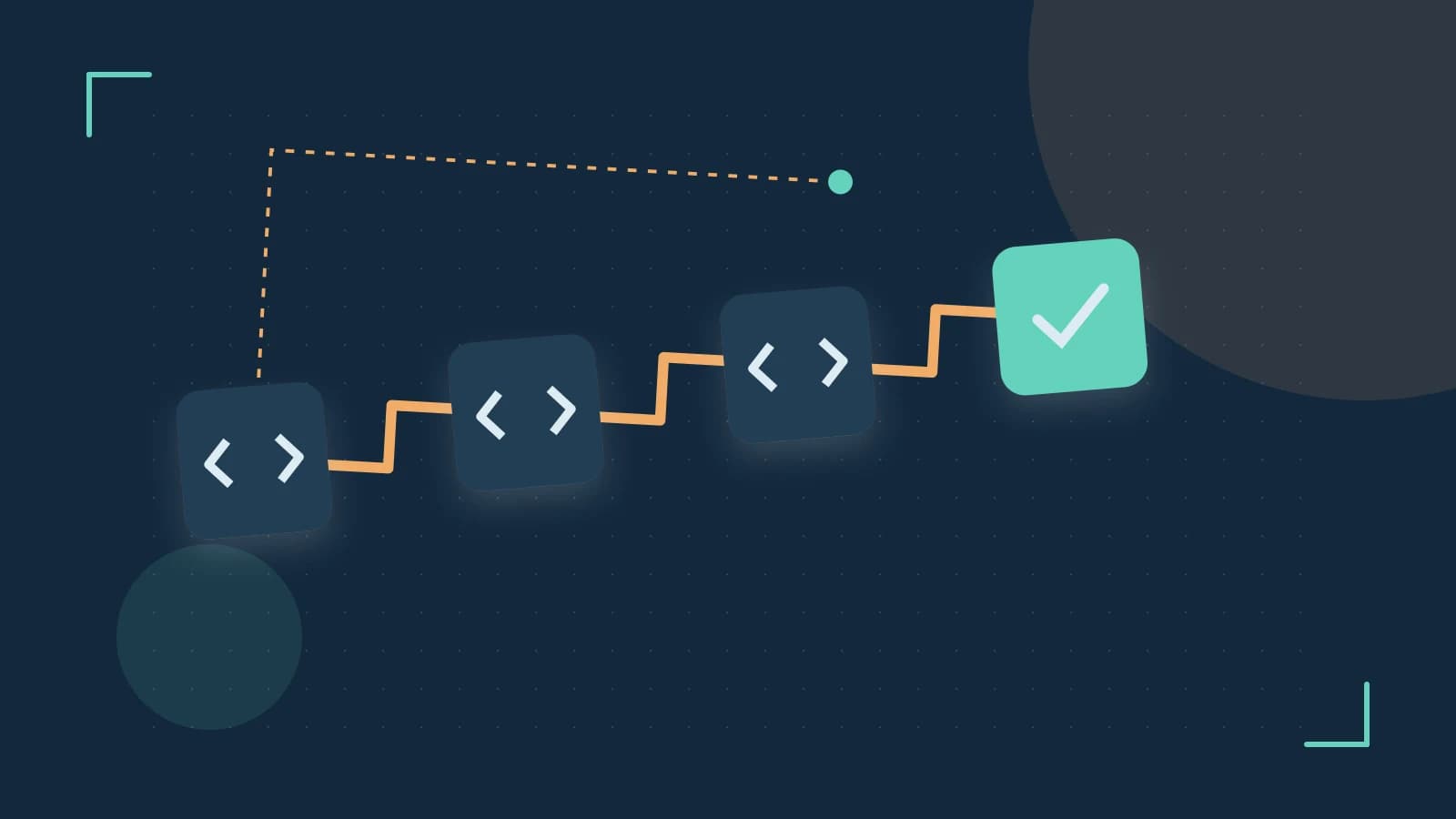 Editorial illustration of a branching build pipeline, staged transformations and a completed check
