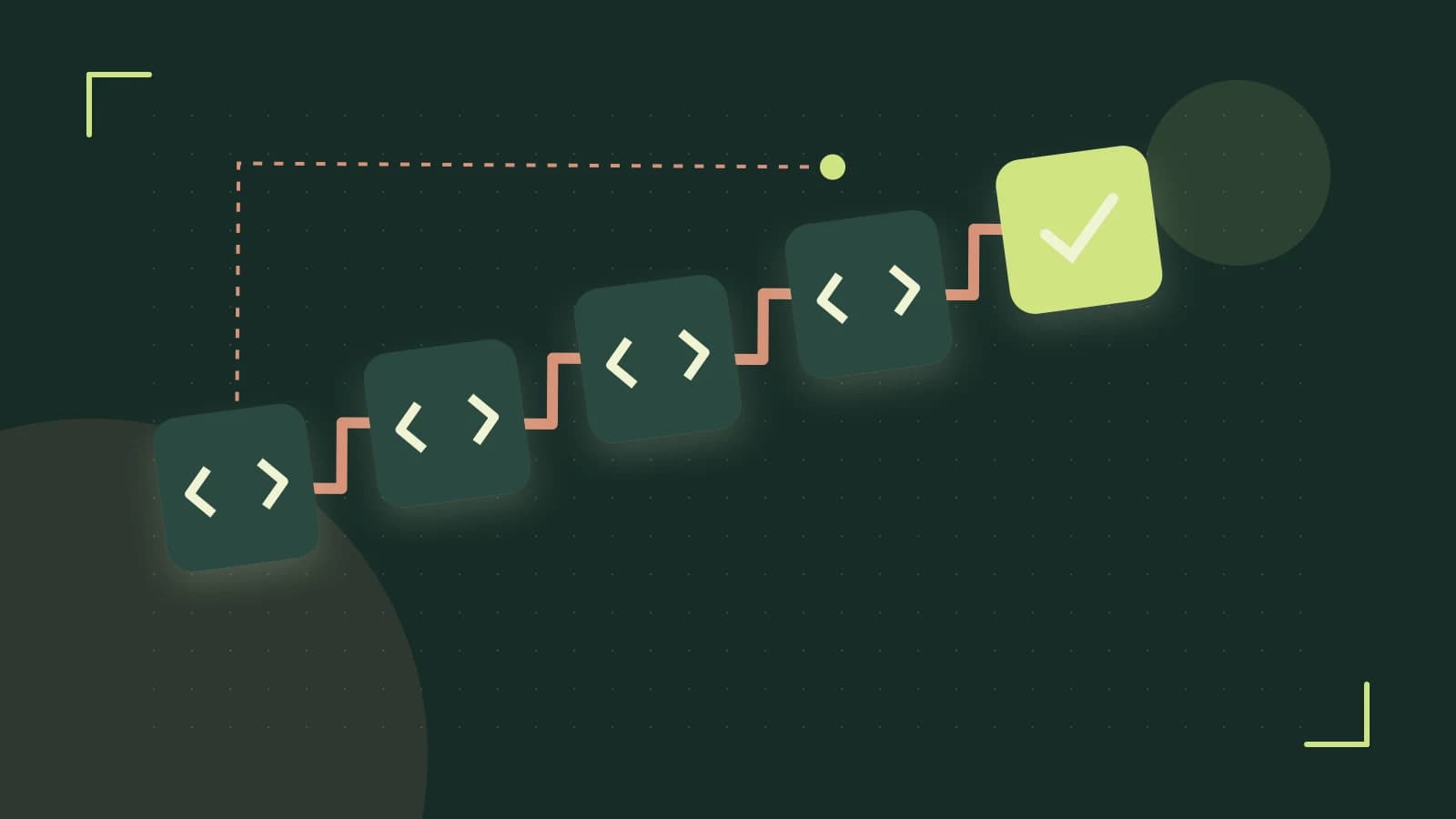 Editorial illustration of a branching build pipeline, staged transformations and a completed check