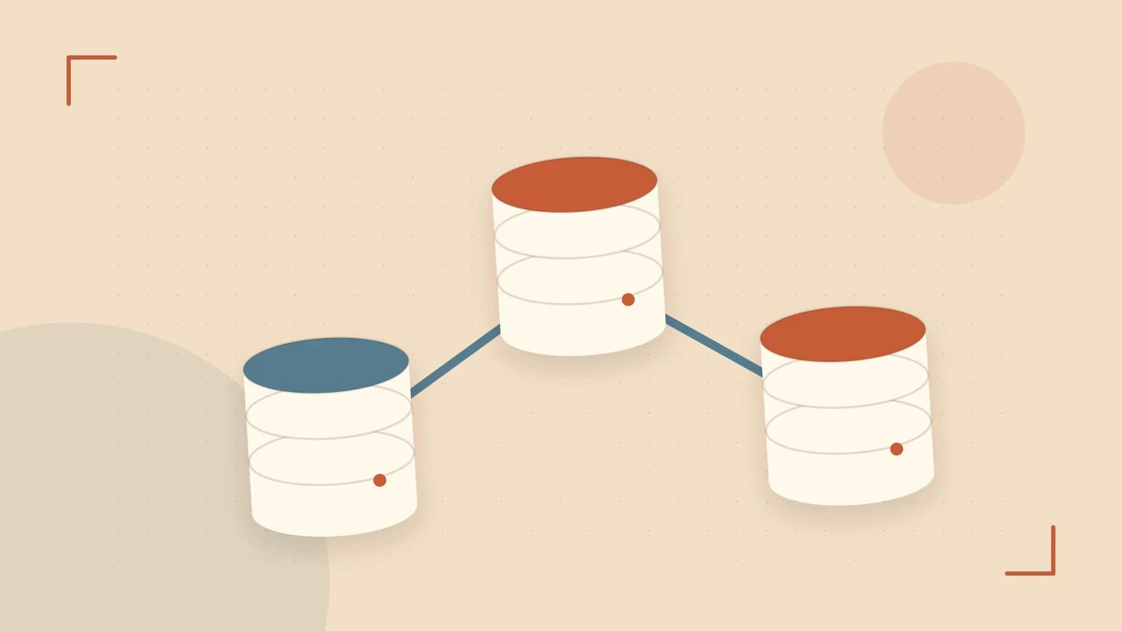 Editorial illustration of structured records, database cylinders and relationships between tables