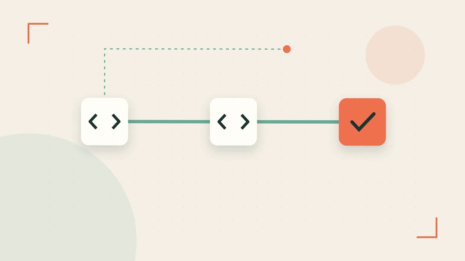 Editorial illustration of a branching build pipeline, staged transformations and a completed check