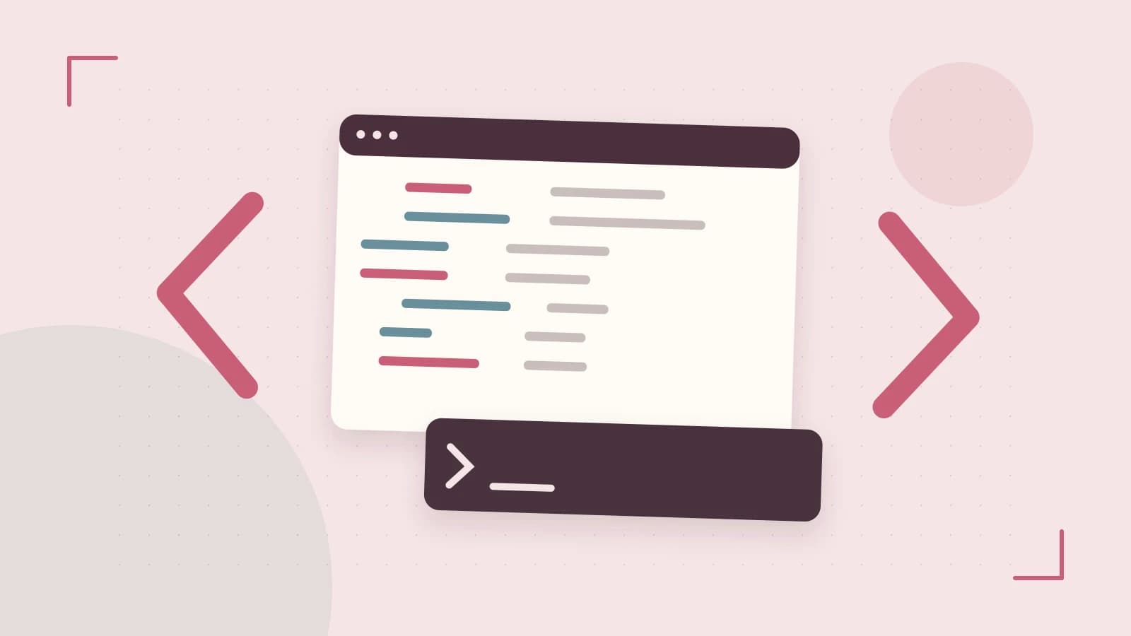 Editorial illustration of an abstract code editor, syntax blocks and oversized programming brackets