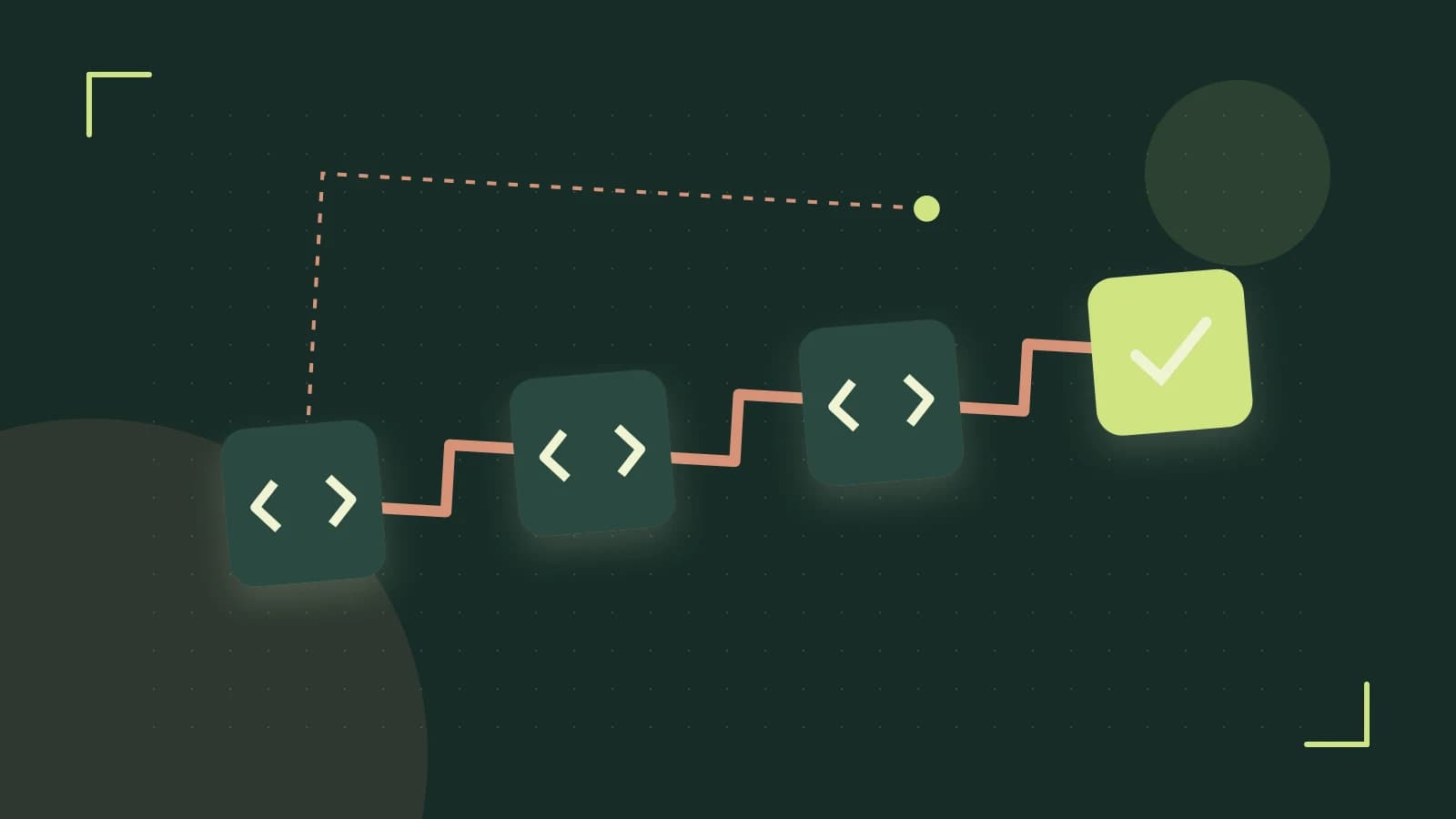 Editorial illustration of a branching build pipeline, staged transformations and a completed check