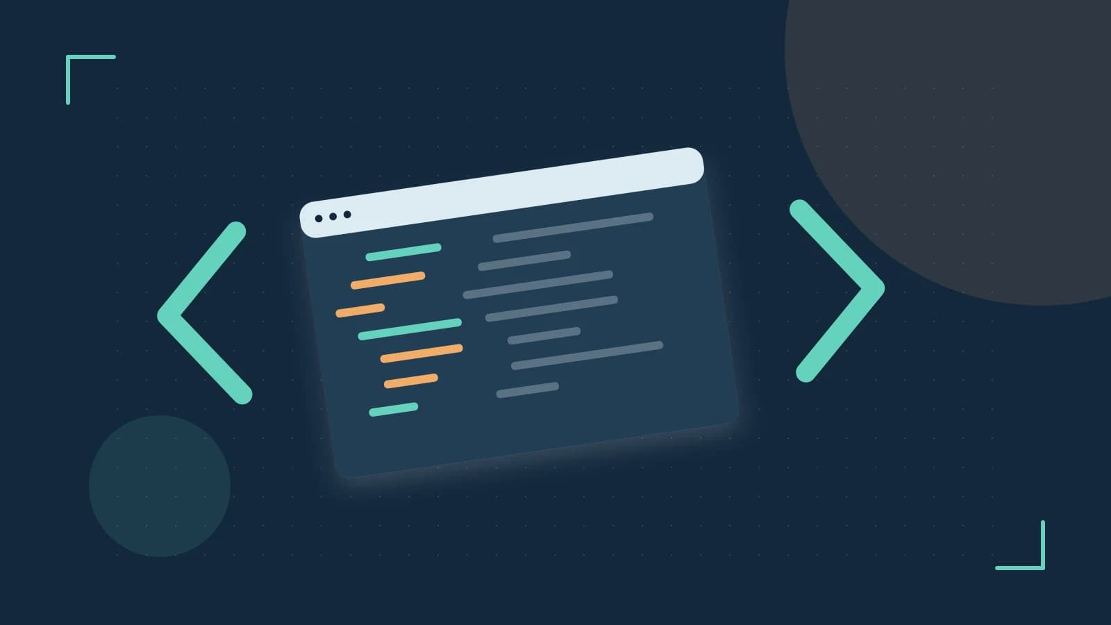 Editorial illustration of an abstract code editor, syntax blocks and oversized programming brackets
