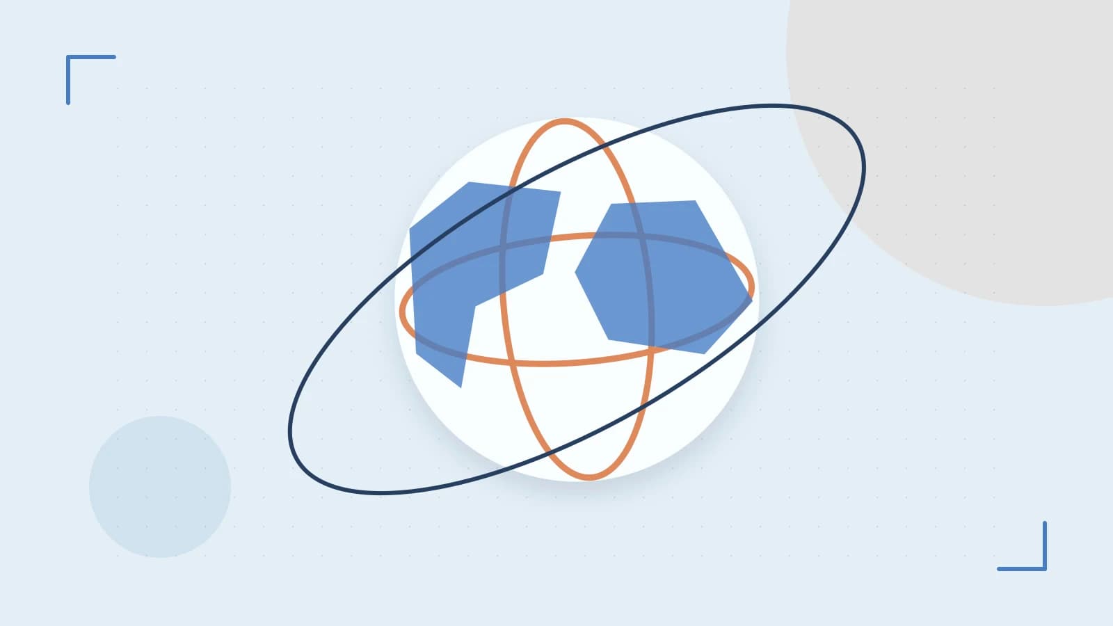 Editorial illustration of an editorial globe with meridians and layered geographic shapes