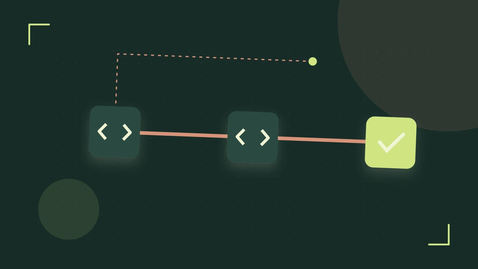 Editorial illustration of a branching build pipeline, staged transformations and a completed check