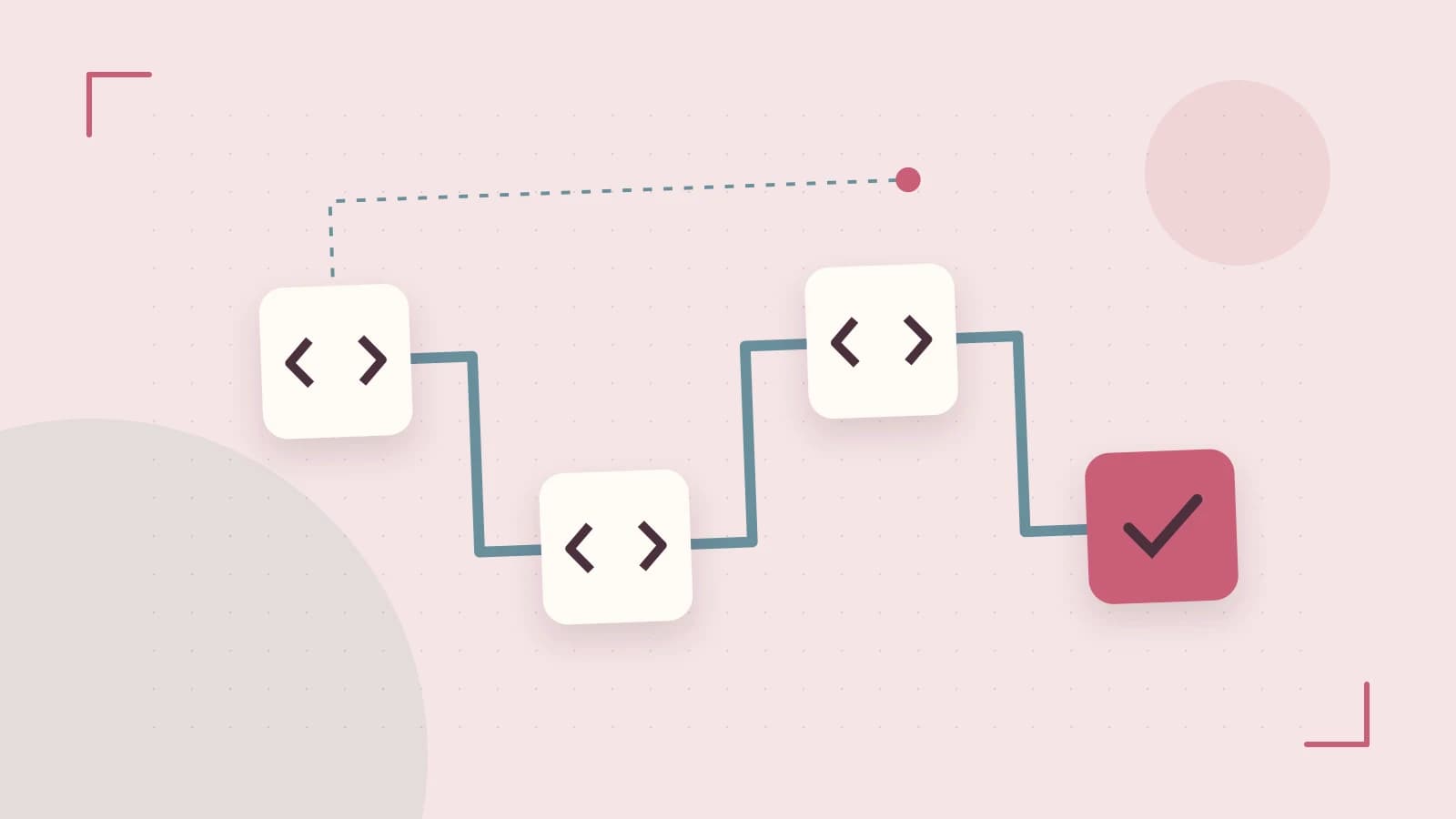 Editorial illustration of a branching build pipeline, staged transformations and a completed check