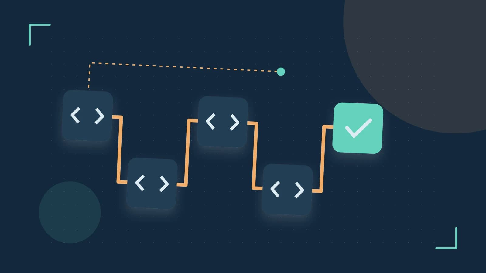 Editorial illustration of a branching build pipeline, staged transformations and a completed check