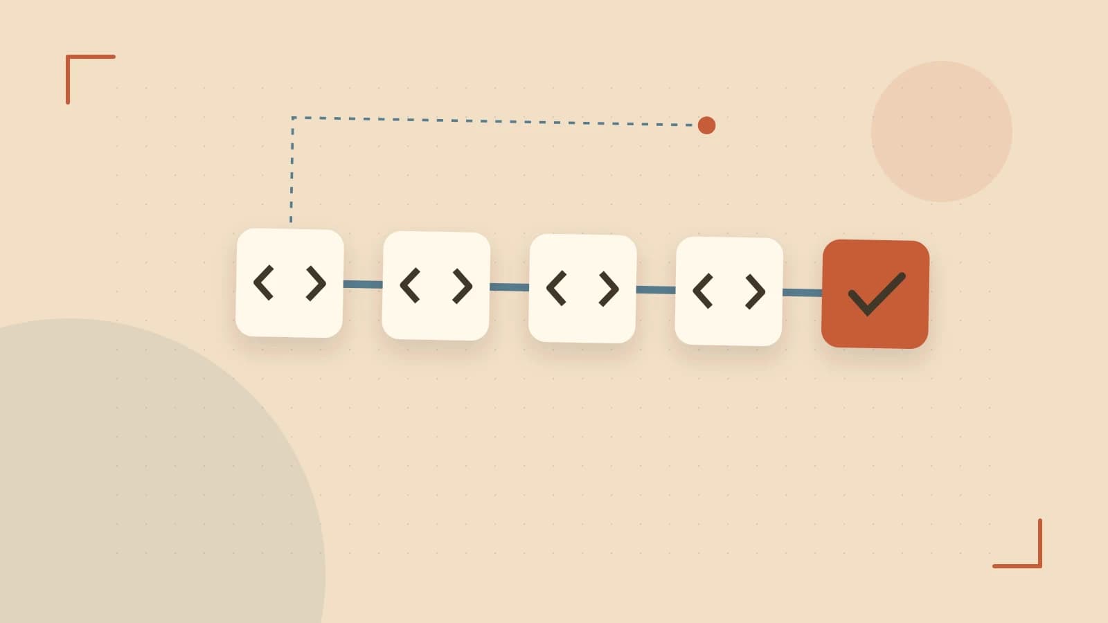 Editorial illustration of a branching build pipeline, staged transformations and a completed check