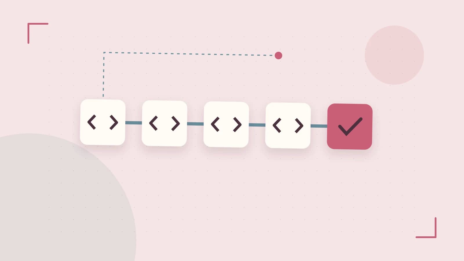 Editorial illustration of a branching build pipeline, staged transformations and a completed check