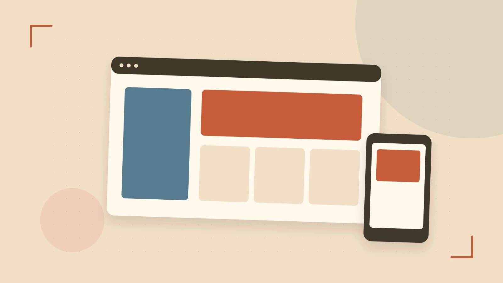 Editorial illustration of responsive browser layouts, overlapping design components and a color system