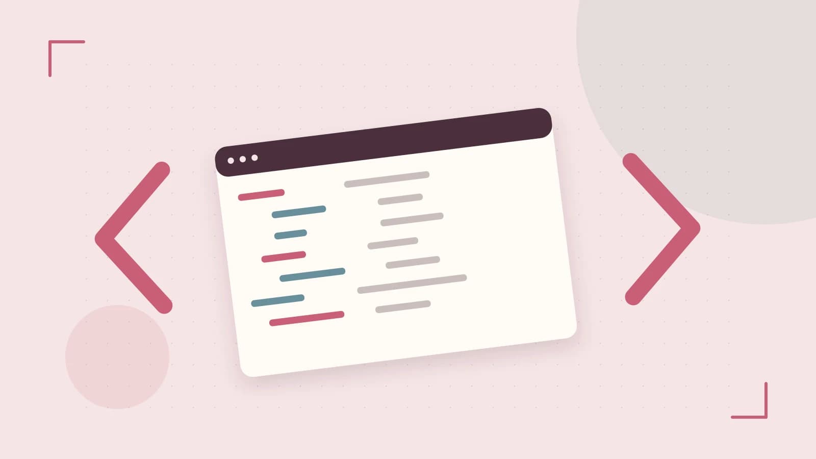 Editorial illustration of an abstract code editor, syntax blocks and oversized programming brackets