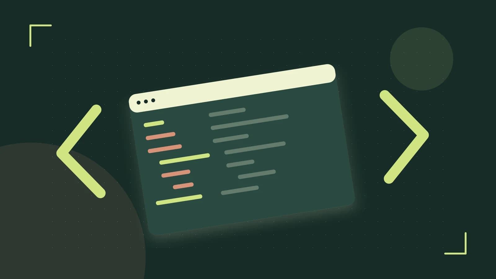 Editorial illustration of an abstract code editor, syntax blocks and oversized programming brackets