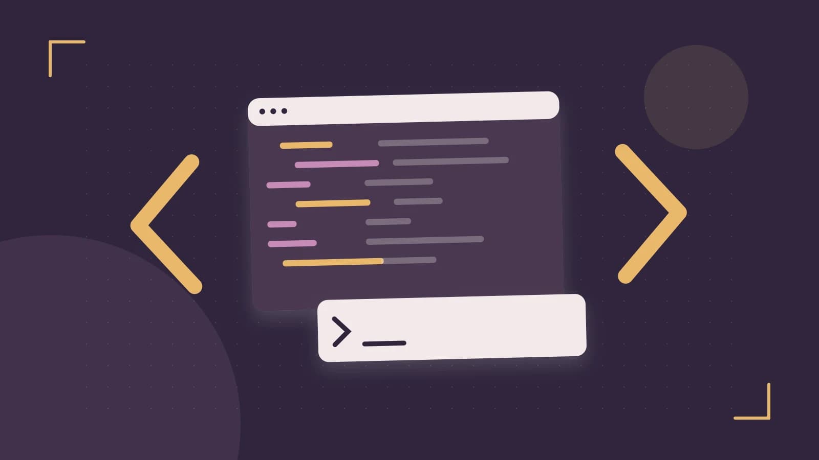 Editorial illustration of an abstract code editor, syntax blocks and oversized programming brackets