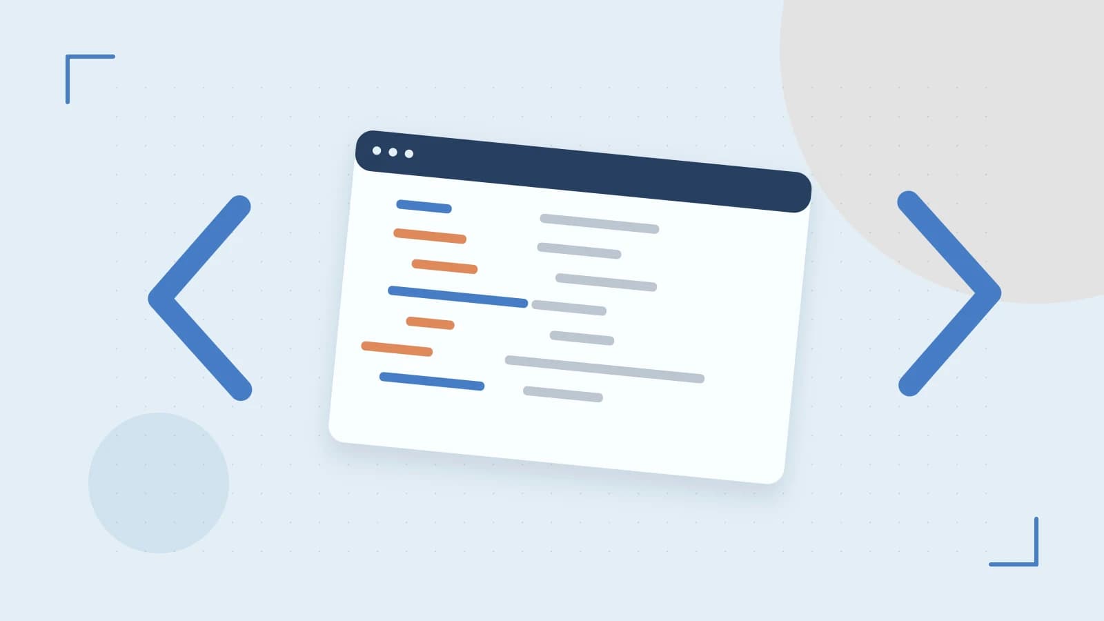 Editorial illustration of an abstract code editor, syntax blocks and oversized programming brackets