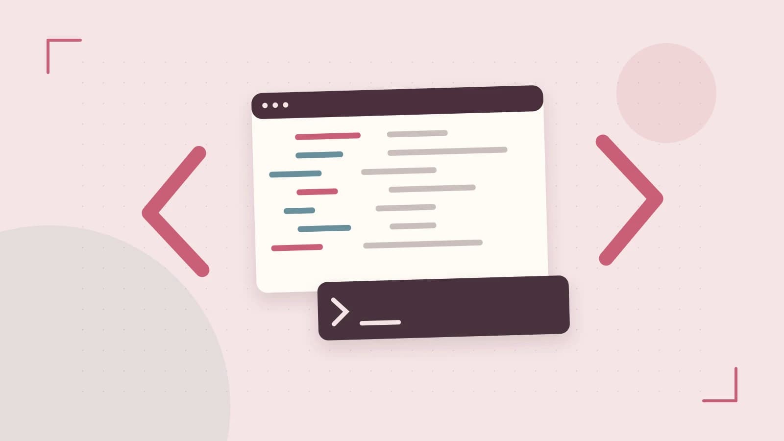 Editorial illustration of an abstract code editor, syntax blocks and oversized programming brackets