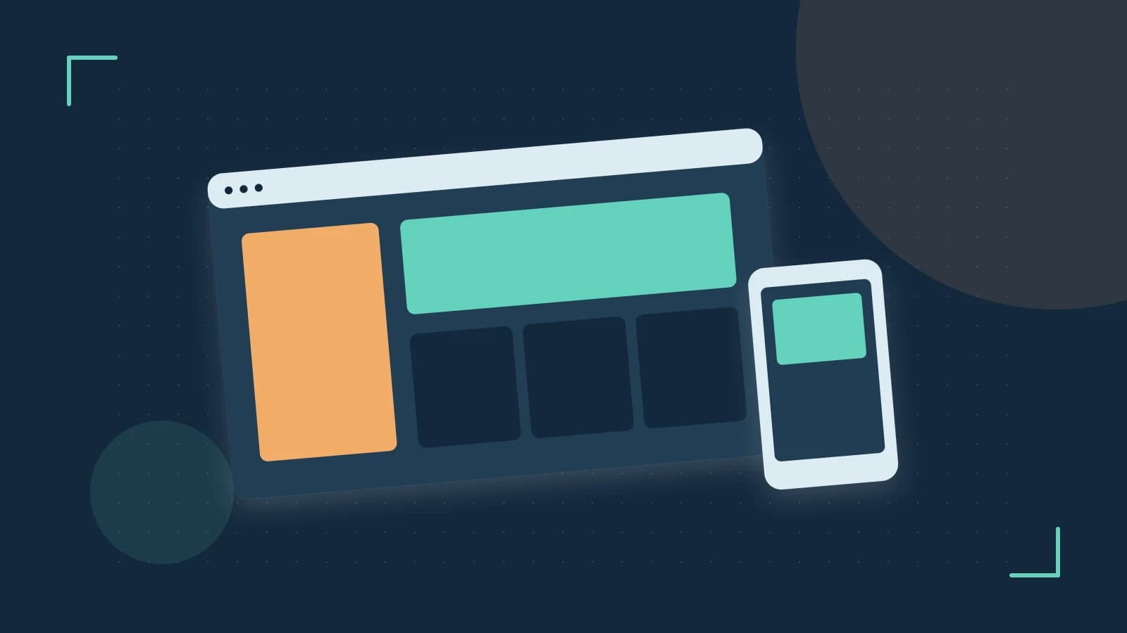 Editorial illustration of responsive browser layouts, overlapping design components and a color system