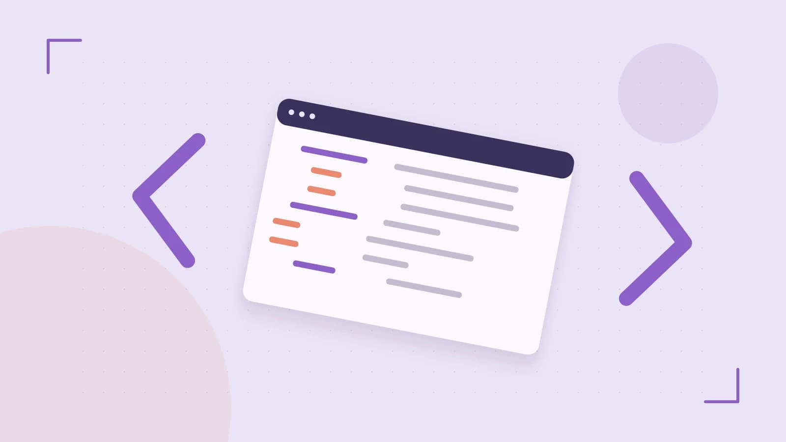 Editorial illustration of an abstract code editor, syntax blocks and oversized programming brackets
