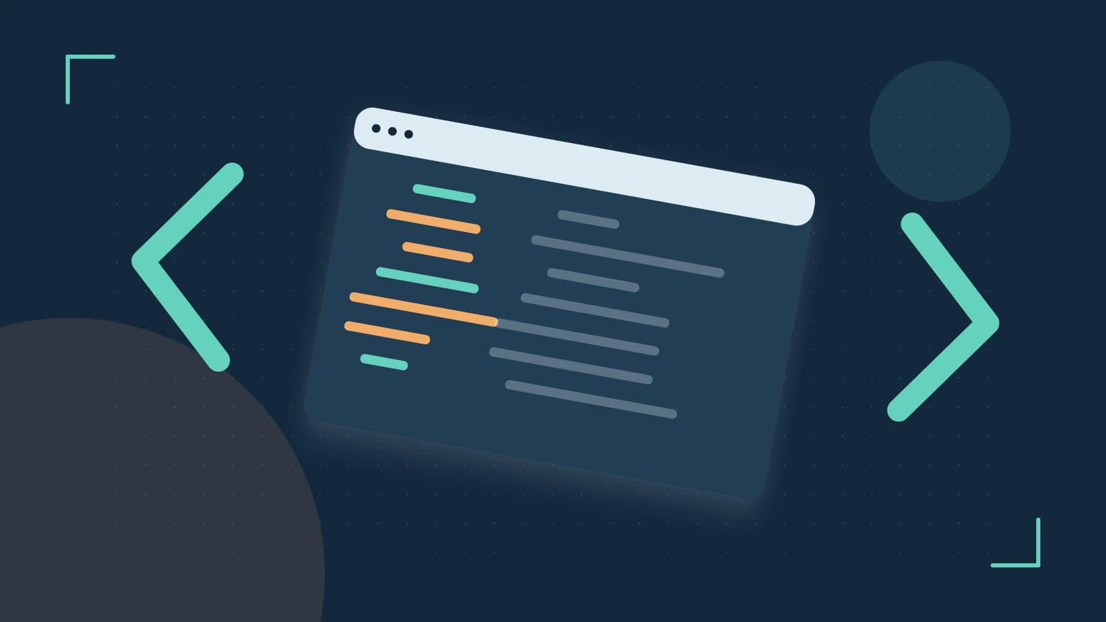 Editorial illustration of an abstract code editor, syntax blocks and oversized programming brackets