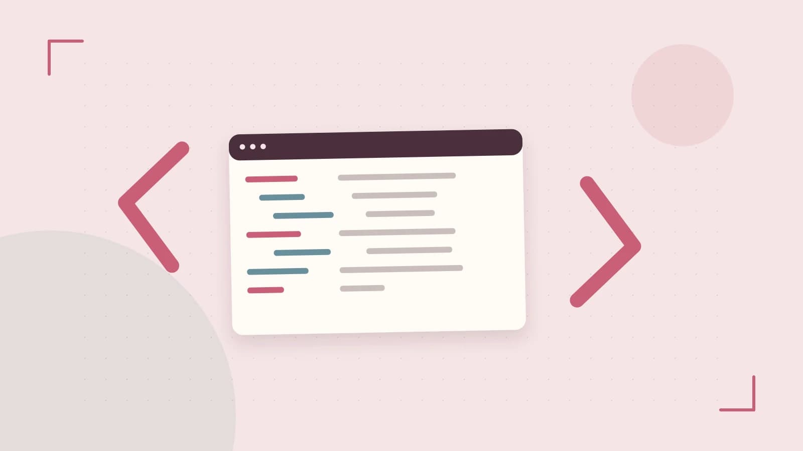 Editorial illustration of an abstract code editor, syntax blocks and oversized programming brackets