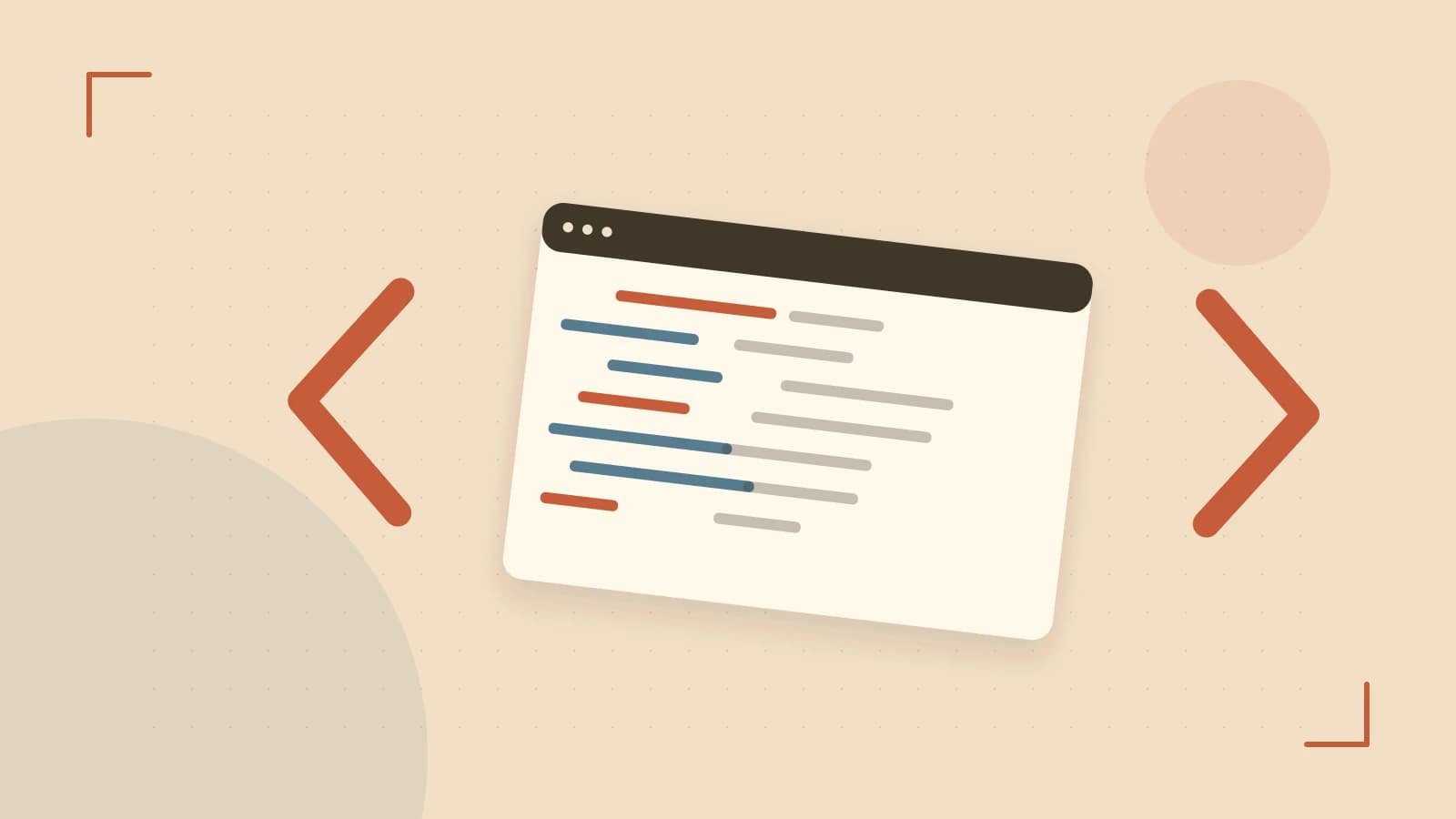 Editorial illustration of an abstract code editor, syntax blocks and oversized programming brackets
