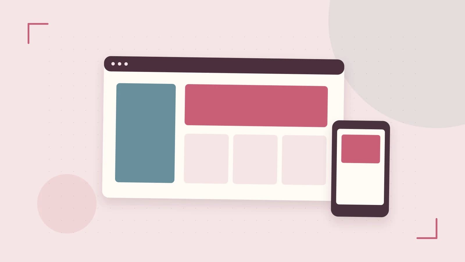 Editorial illustration of responsive browser layouts, overlapping design components and a color system