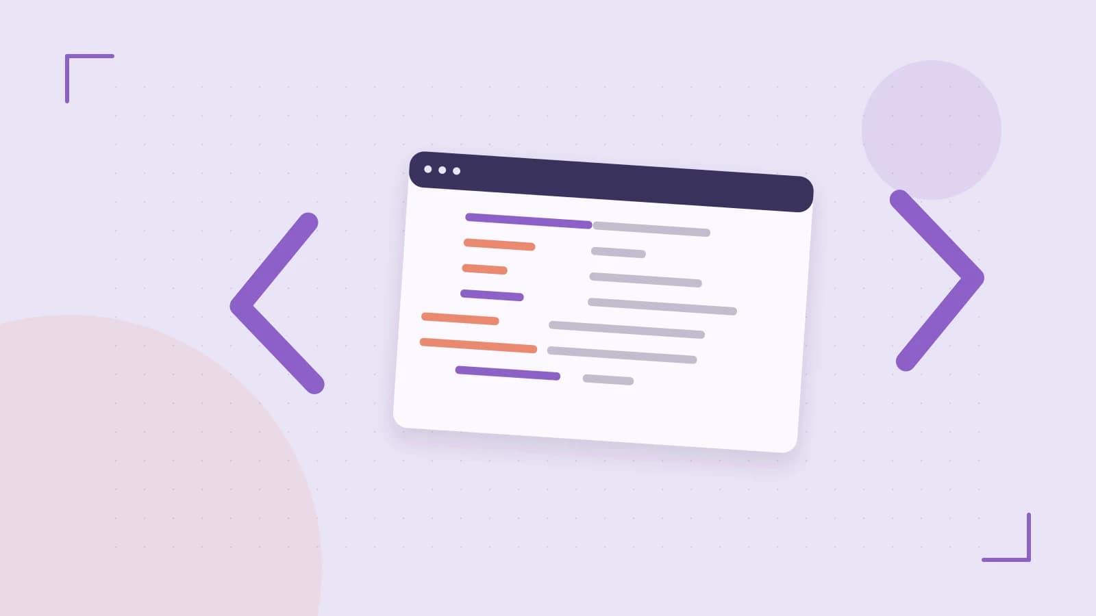 Editorial illustration of an abstract code editor, syntax blocks and oversized programming brackets